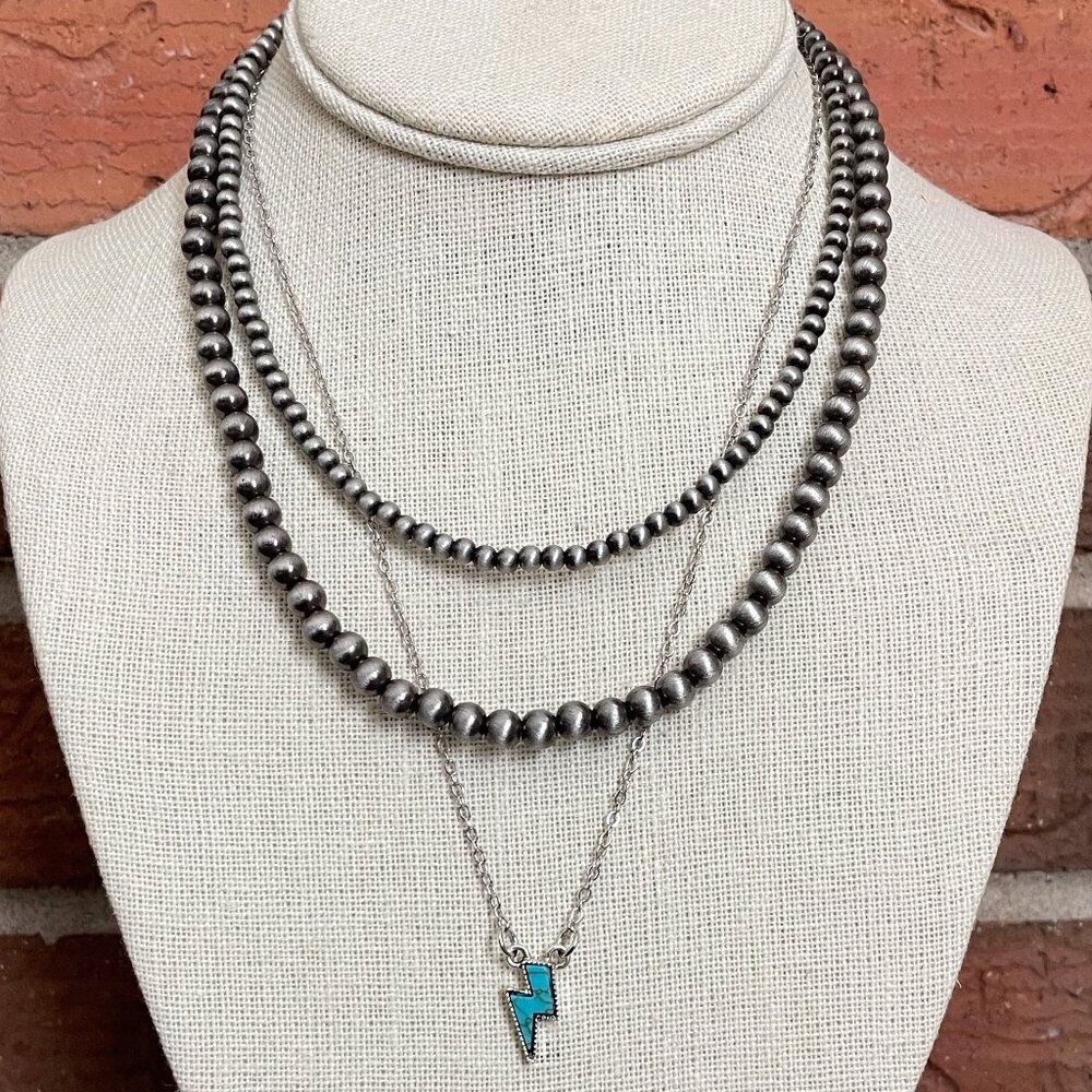 Turquoise Lightning Bolt and Navajo Style Pearl Necklace